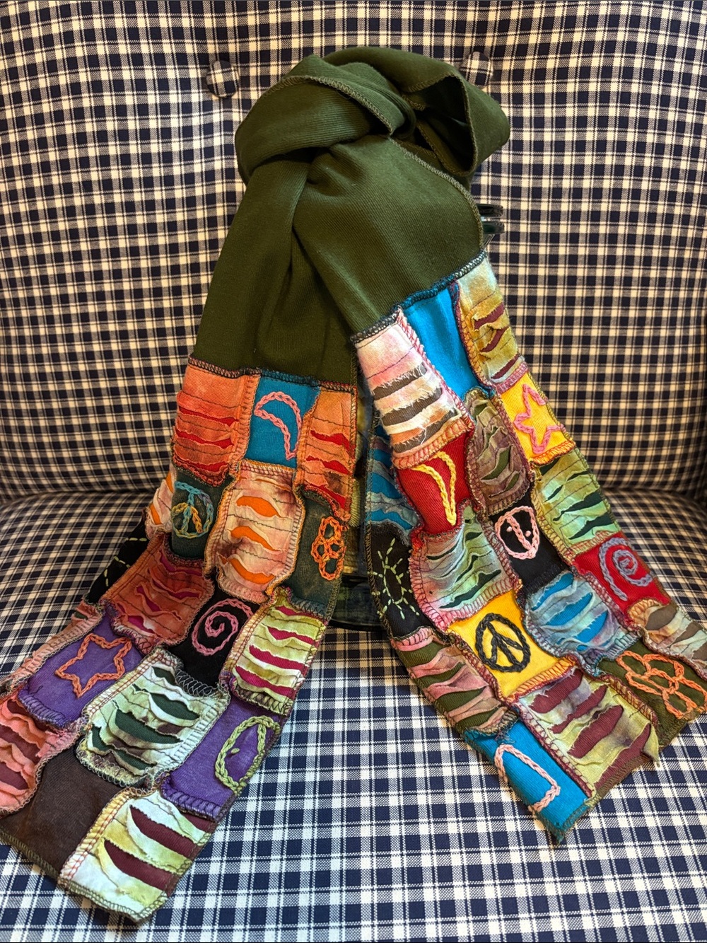 Bohemian Green Patchwork Cotton Scarf with hippie vibes